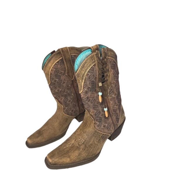 Durango Crush Driftwood Brown Leather Western Boots Lace-up Beaded Ties Size 8 - Picture 6 of 15